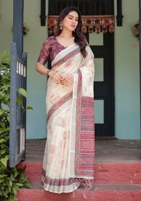 Cream Zari Work Silk Blend Saree Set