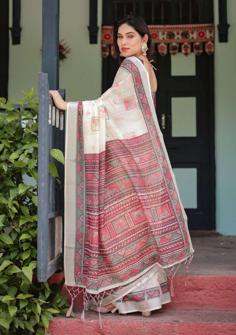 Cream Zari Work Silk Blend Saree Set for Diwali and Festive Wear - Indya