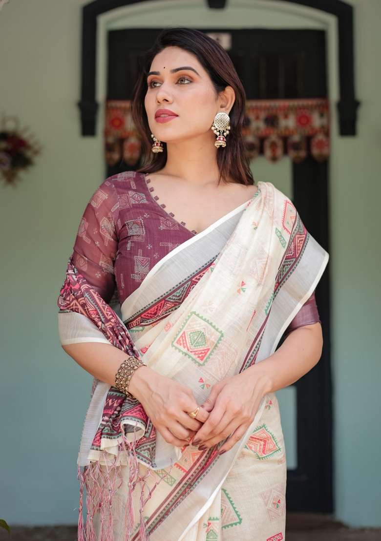 Cream Zari Work Silk Blend Saree Set for Diwali and Festive Wear - Indya