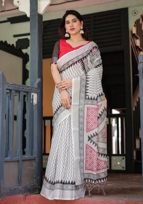 White Zari Work Silk Blend Saree Set