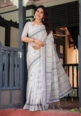 White Zari Work Silk Blend Saree Set