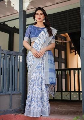 White Zari Work Silk Blend Saree Set
