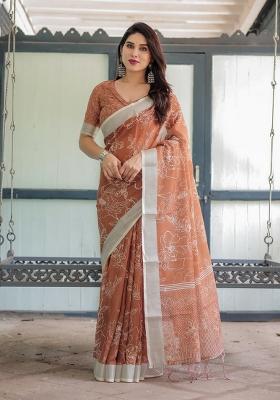 Brown Zari Work Silk Blend Saree Set