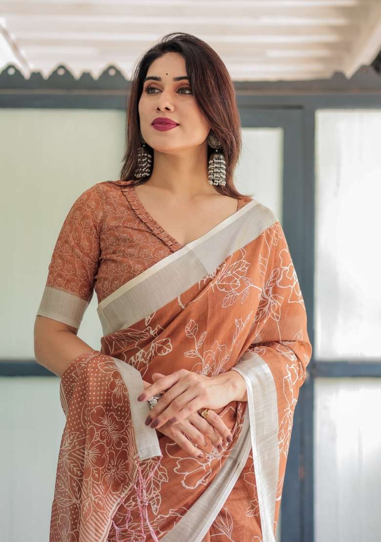 Brown Zari Work Silk Blend Saree Set for Diwali and Festive Wear - Indya