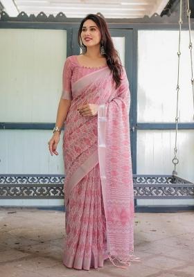 Baby Pink Zari Work Silk Blend Saree Set