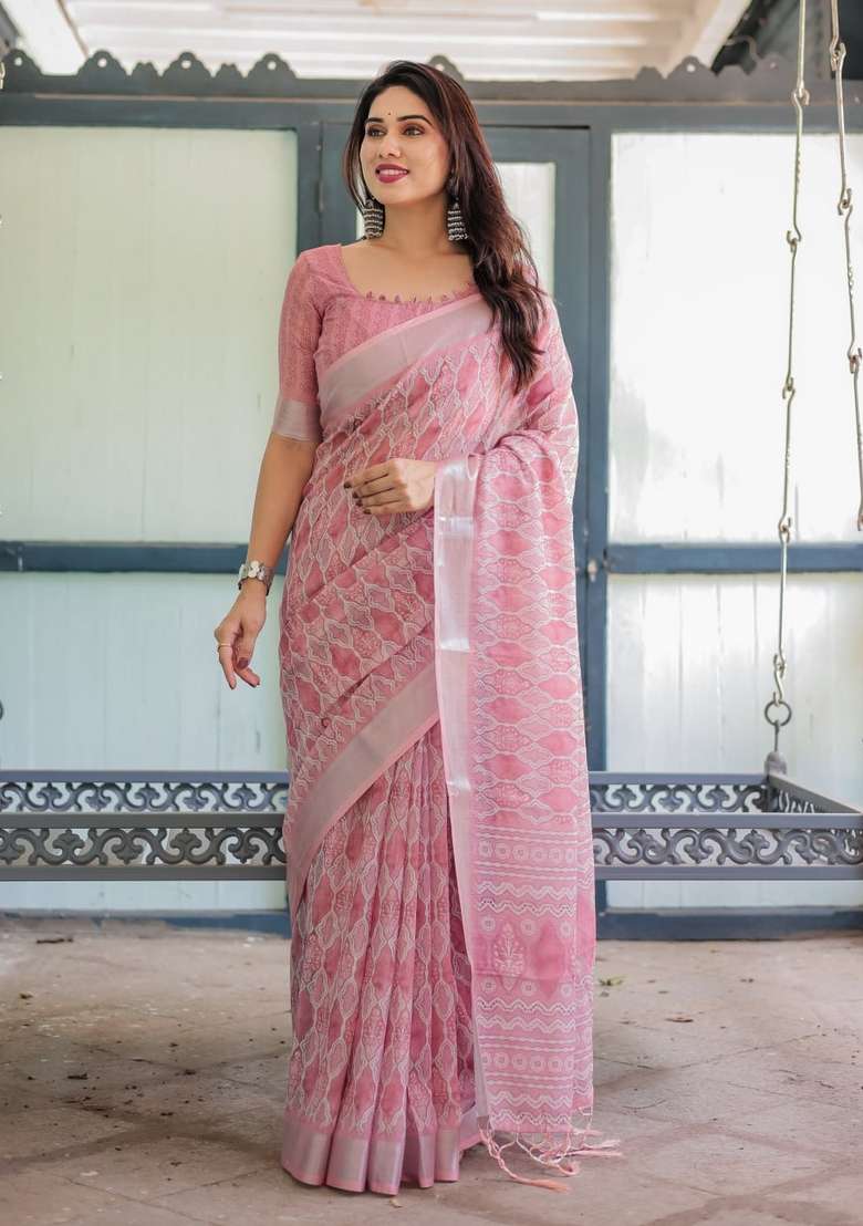 Baby Pink Silk Blend Saree Set with Zari Work for Diwali | Wedding & Festive Wear - Indya