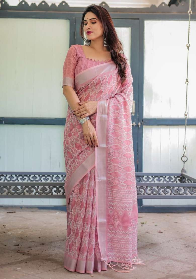 Baby Pink Silk Blend Saree Set with Zari Work for Diwali | Wedding & Festive Wear - Indya