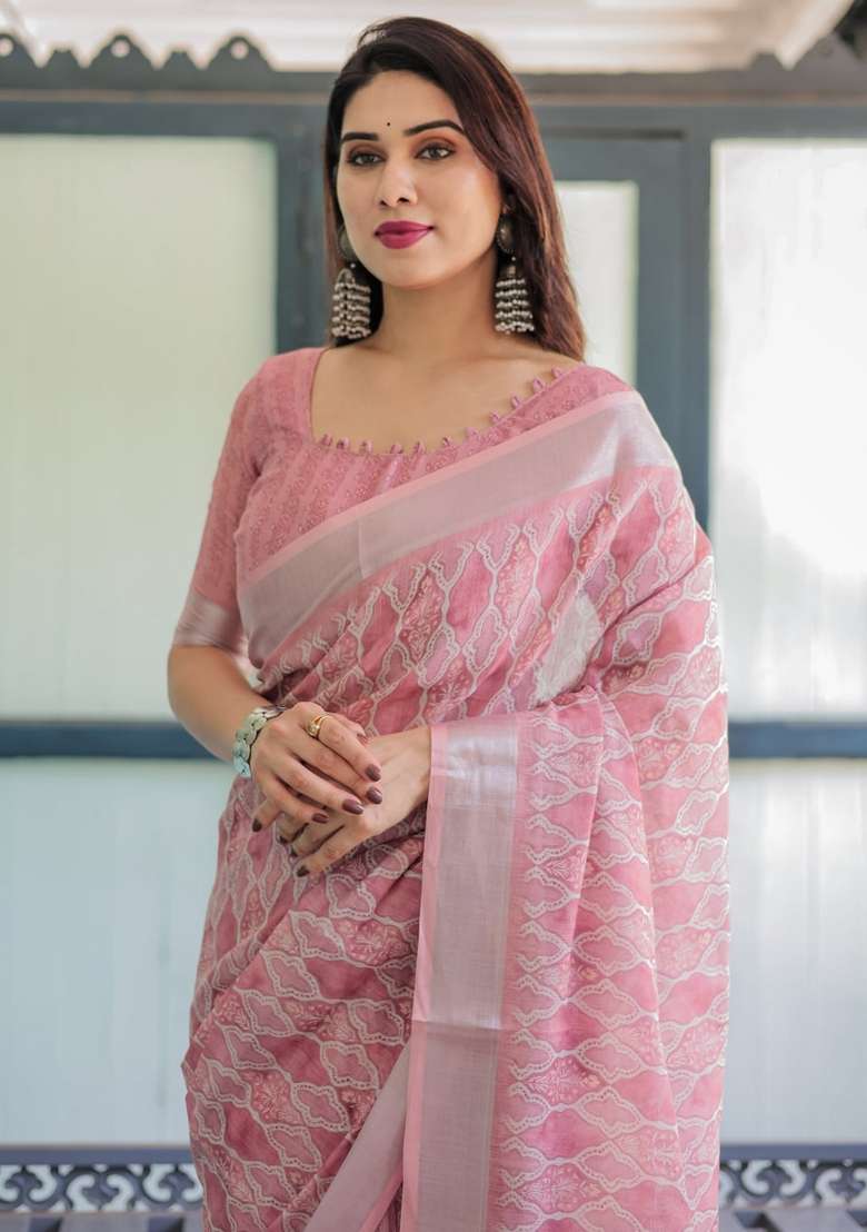 Baby Pink Silk Blend Saree Set with Zari Work for Diwali | Wedding & Festive Wear - Indya