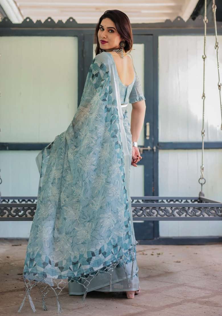Light Sky Blue Silk Blend Saree Set with Zari Work for Diwali | Wedding & Festive Wear - Indya