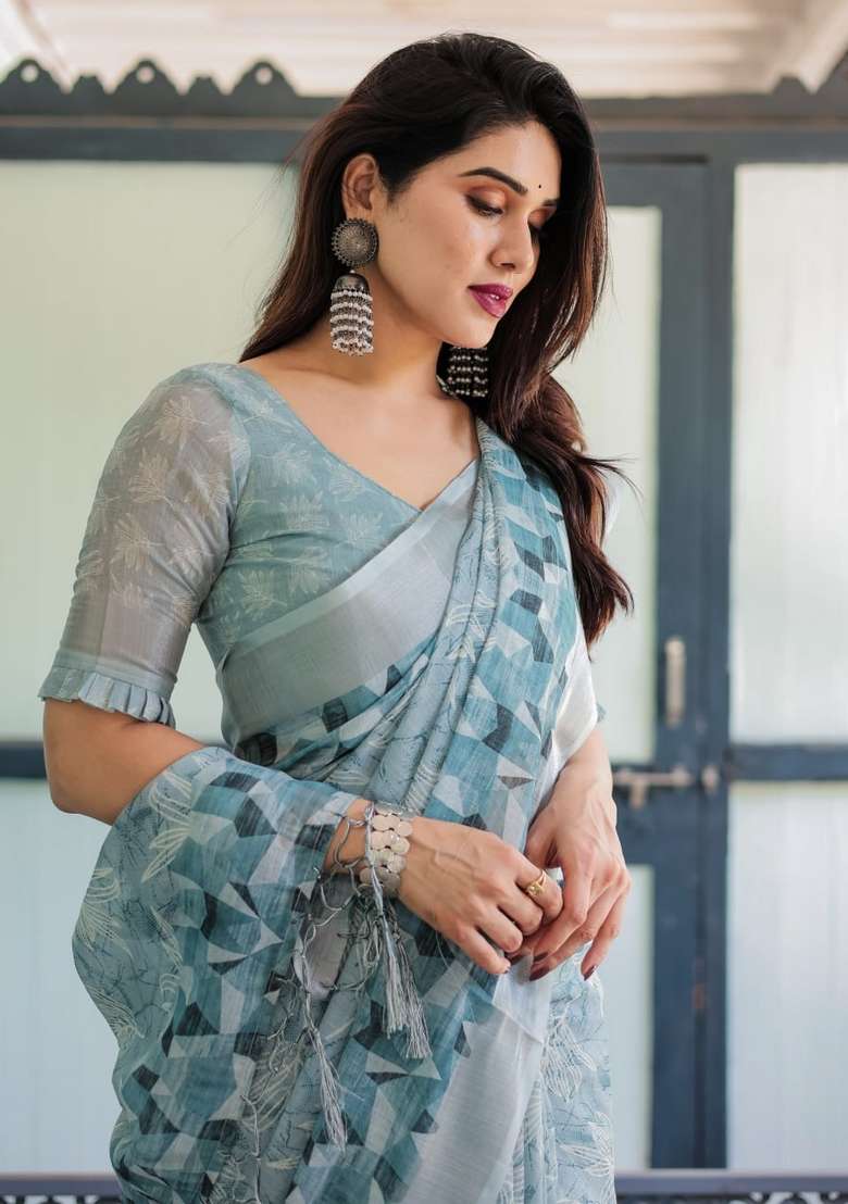 Light Sky Blue Silk Blend Saree Set with Zari Work for Diwali | Wedding & Festive Wear - Indya