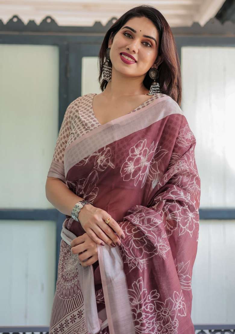 Maroon Silk Blend Saree Set with Zari Work for Diwali | Wedding & Festive Wear - Indya