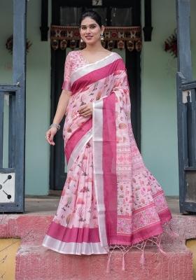 Baby Pink Zari Work Silk Blend Saree Set