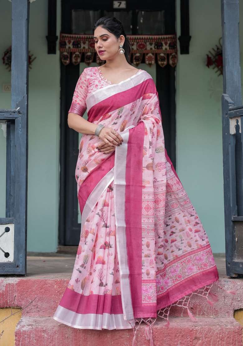 Baby Pink Zari Work Silk Blend Saree Set for Diwali and Festive Wear - Indya