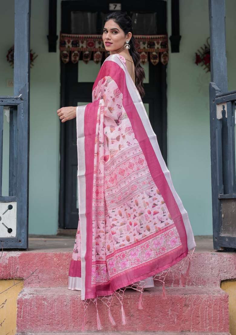 Baby Pink Zari Work Silk Blend Saree Set for Diwali and Festive Wear - Indya
