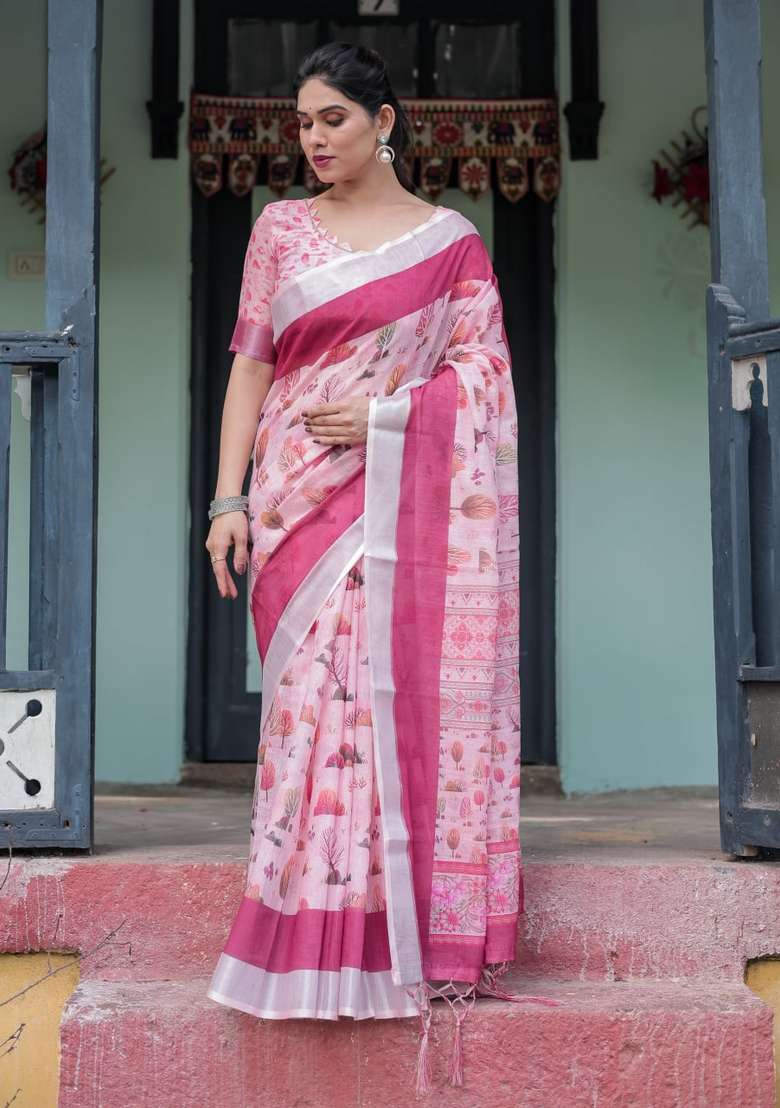 Baby Pink Zari Work Silk Blend Saree Set for Diwali and Festive Wear - Indya
