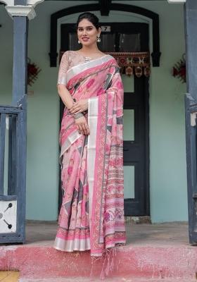 Baby Pink Zari Work Silk Blend Saree Set