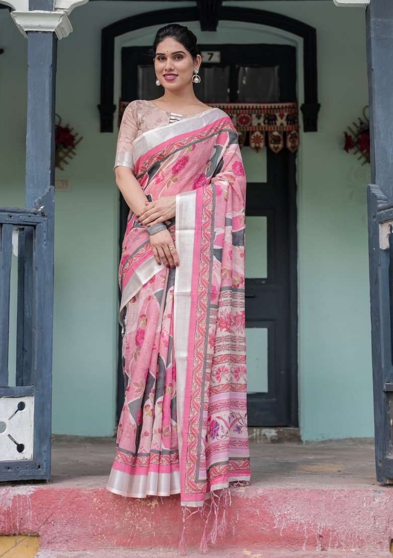 Baby Pink Silk Blend Saree Set with Zari Work for Diwali | Wedding & Festive Wear - Indya