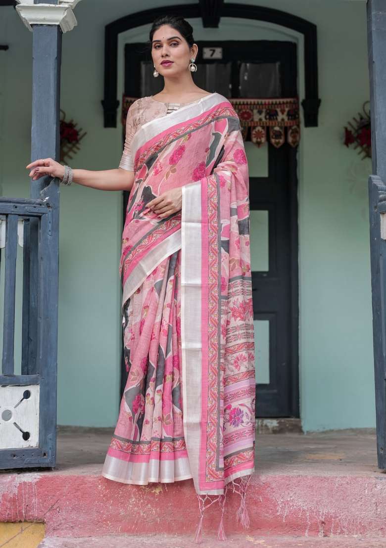 Baby Pink Silk Blend Saree Set with Zari Work for Diwali | Wedding & Festive Wear - Indya