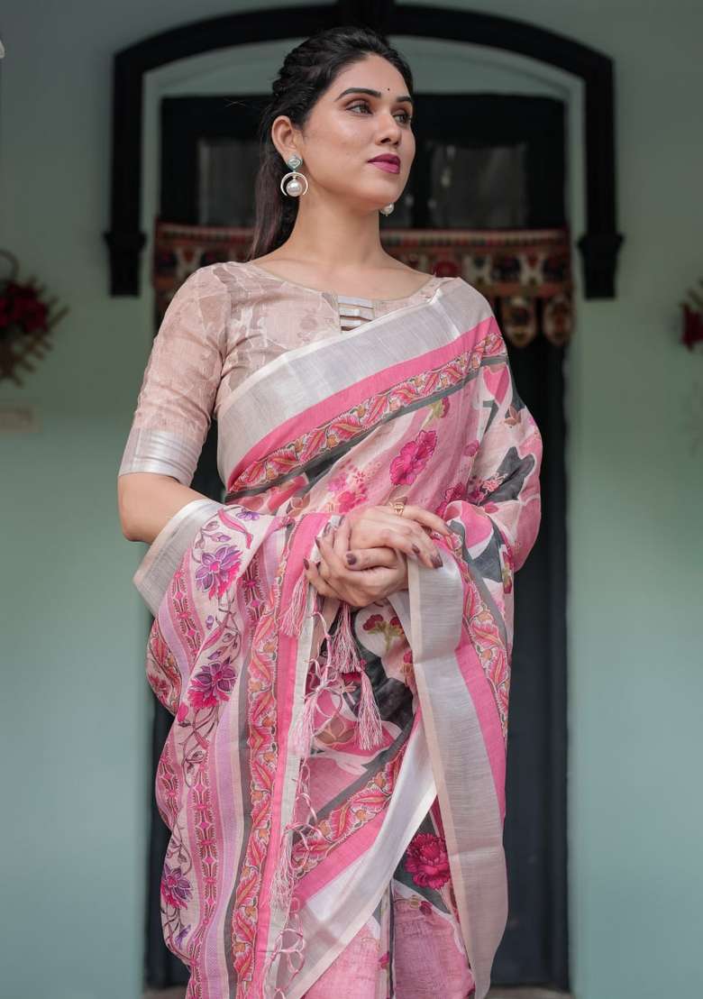 Baby Pink Silk Blend Saree Set with Zari Work for Diwali | Wedding & Festive Wear - Indya