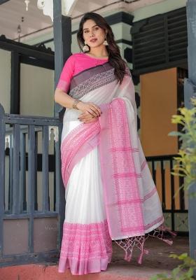 White Zari Work Silk Blend Saree Set