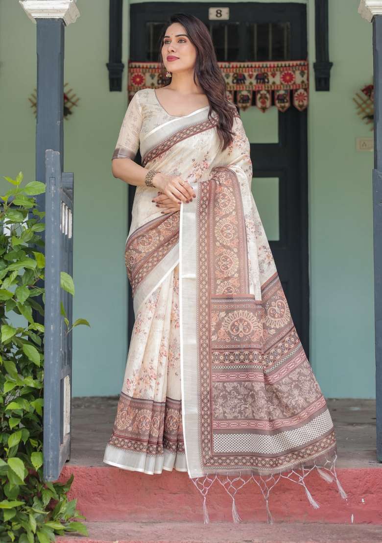 Cream Silk Blend Saree Set with Zari Work for Diwali | Wedding & Festive Wear - Indya