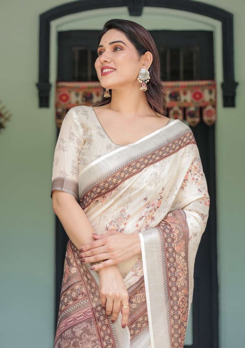 Cream Silk Blend Saree Set with Zari Work for Diwali | Wedding & Festive Wear - Indya