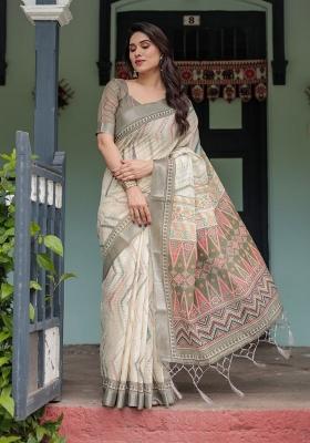 Cream Zari Work Silk Blend Saree Set
