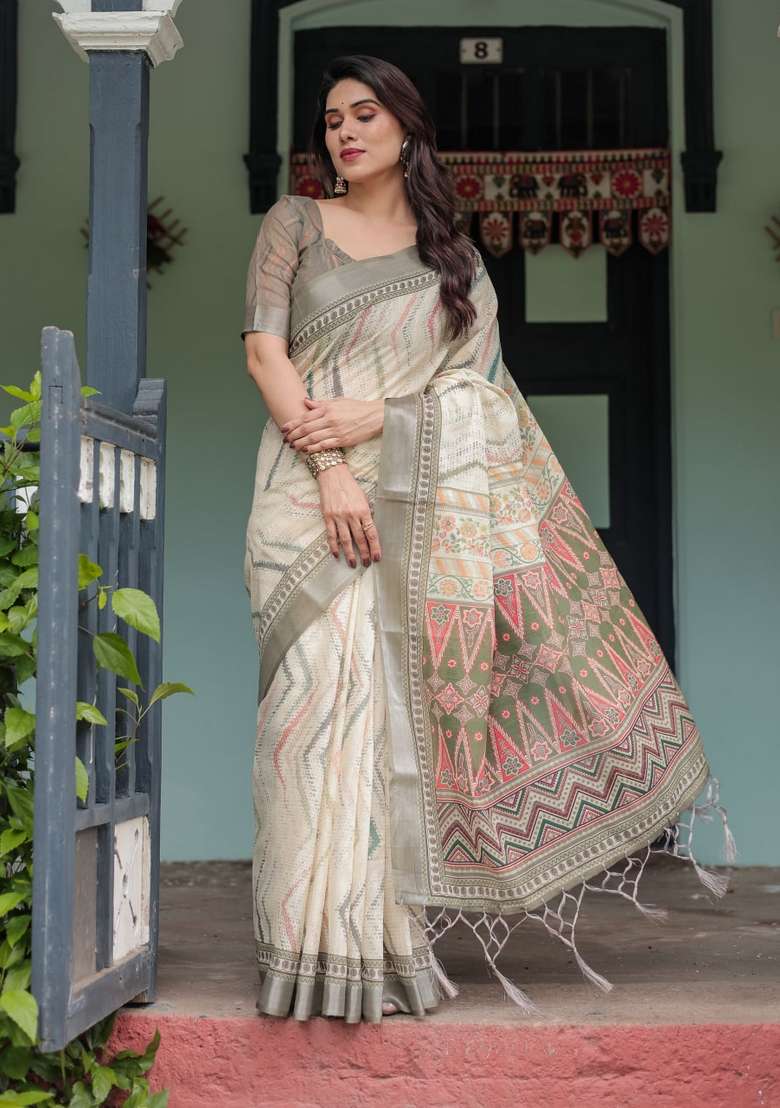 Cream Silk Blend Saree Set with Zari Work for Diwali | Wedding & Festive Wear - Indya