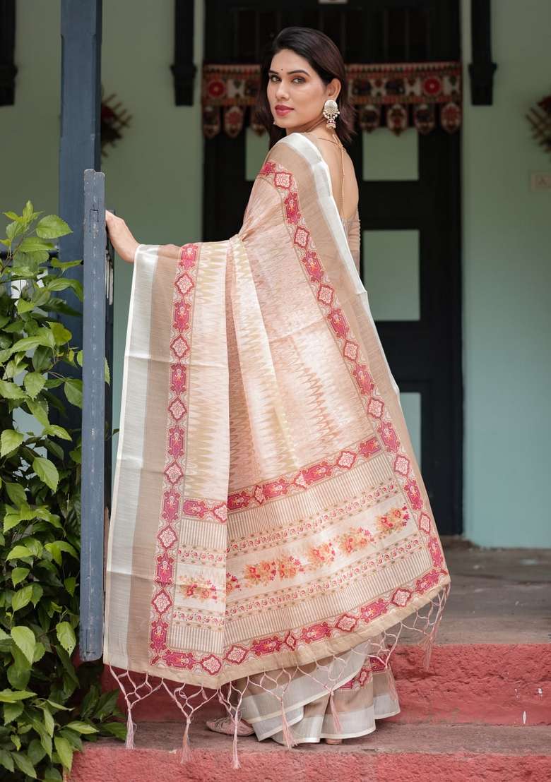 Cream Silk Blend Saree Set with Zari Work for Diwali | Wedding & Festive Wear - Indya