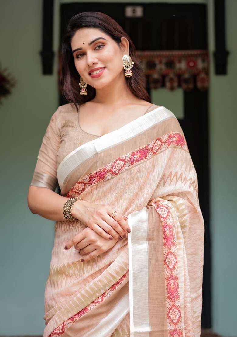 Cream Silk Blend Saree Set with Zari Work for Diwali | Wedding & Festive Wear - Indya