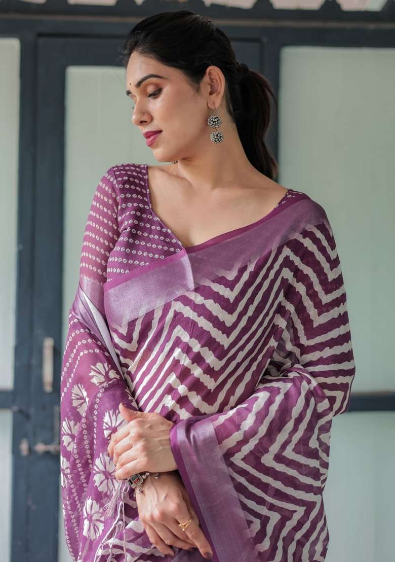 Wine Zari Work Silk Blend Saree Set for Diwali and Festive Wear - Indya