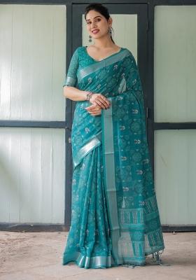 Teal Zari Work Silk Blend Saree Set