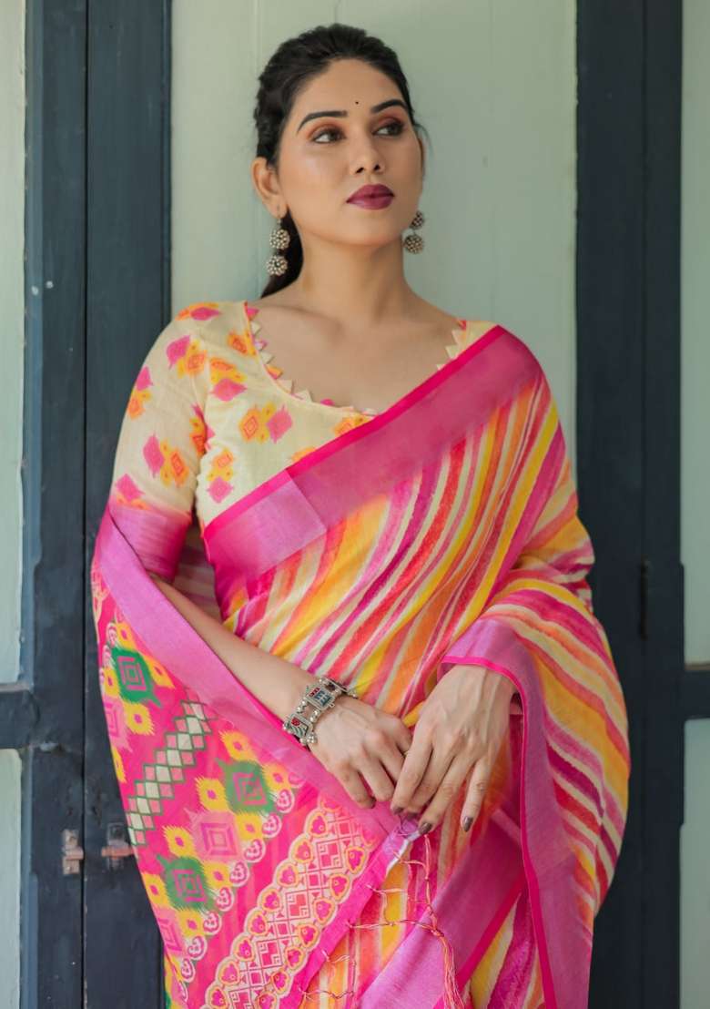 Multicolor Zari Work Silk Blend Saree Set for Diwali and Festive Wear - Indya