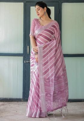 Onion Pink Zari Work Silk Blend Saree Set