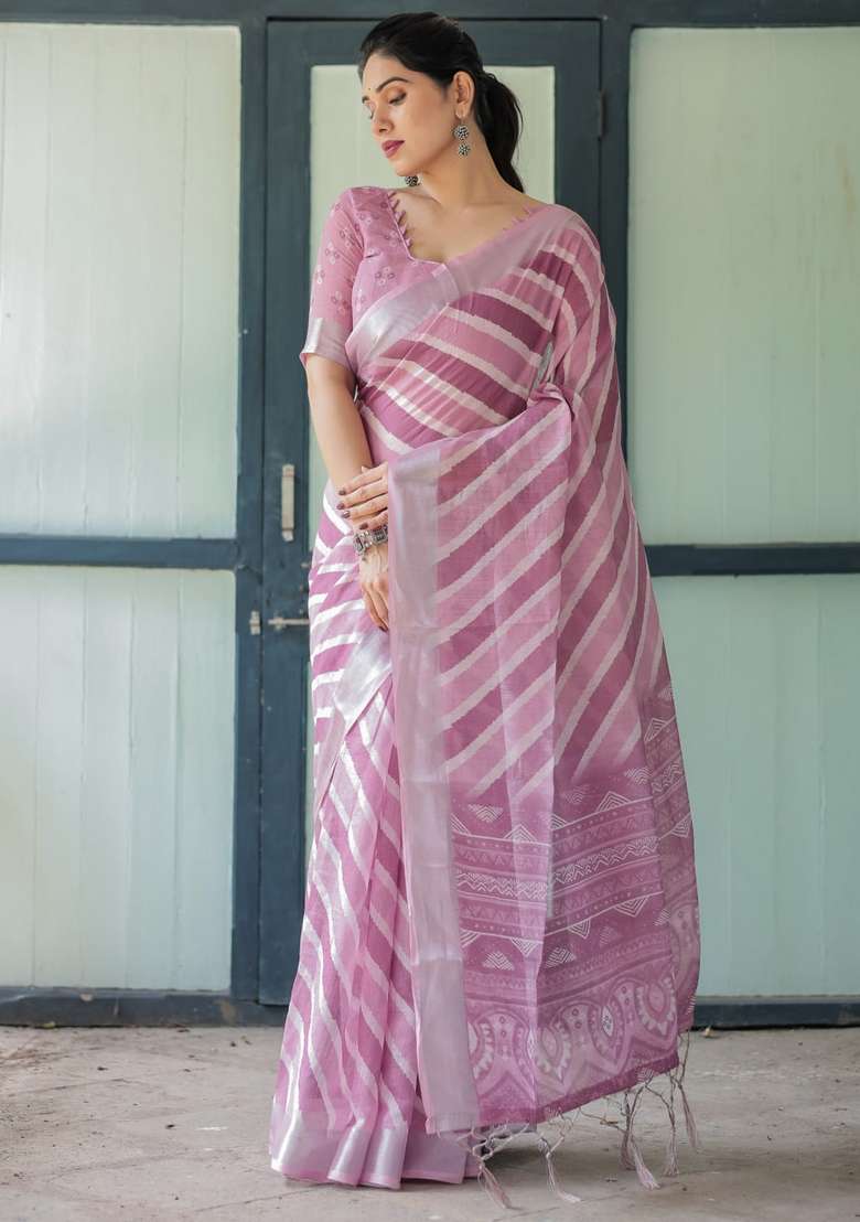Onion Pink Zari Work Silk Blend Saree Set for Diwali and Festive Wear - Indya
