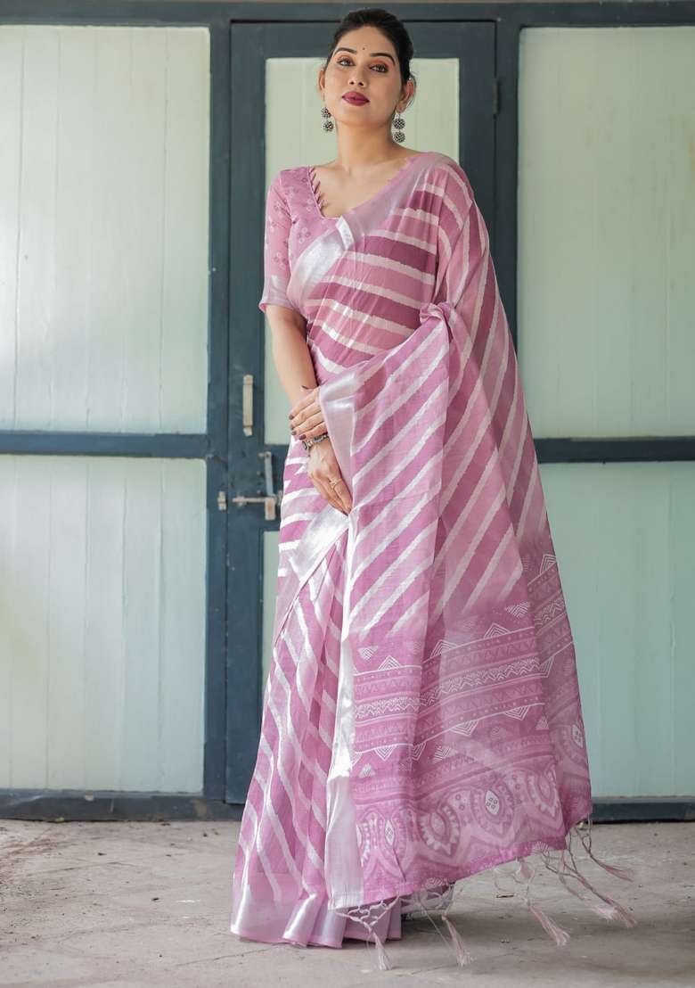 Onion Pink Zari Work Silk Blend Saree Set for Diwali and Festive Wear - Indya