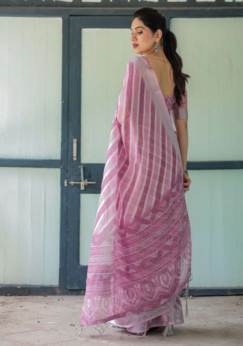 Onion Pink Zari Work Silk Blend Saree Set for Diwali and Festive Wear - Indya
