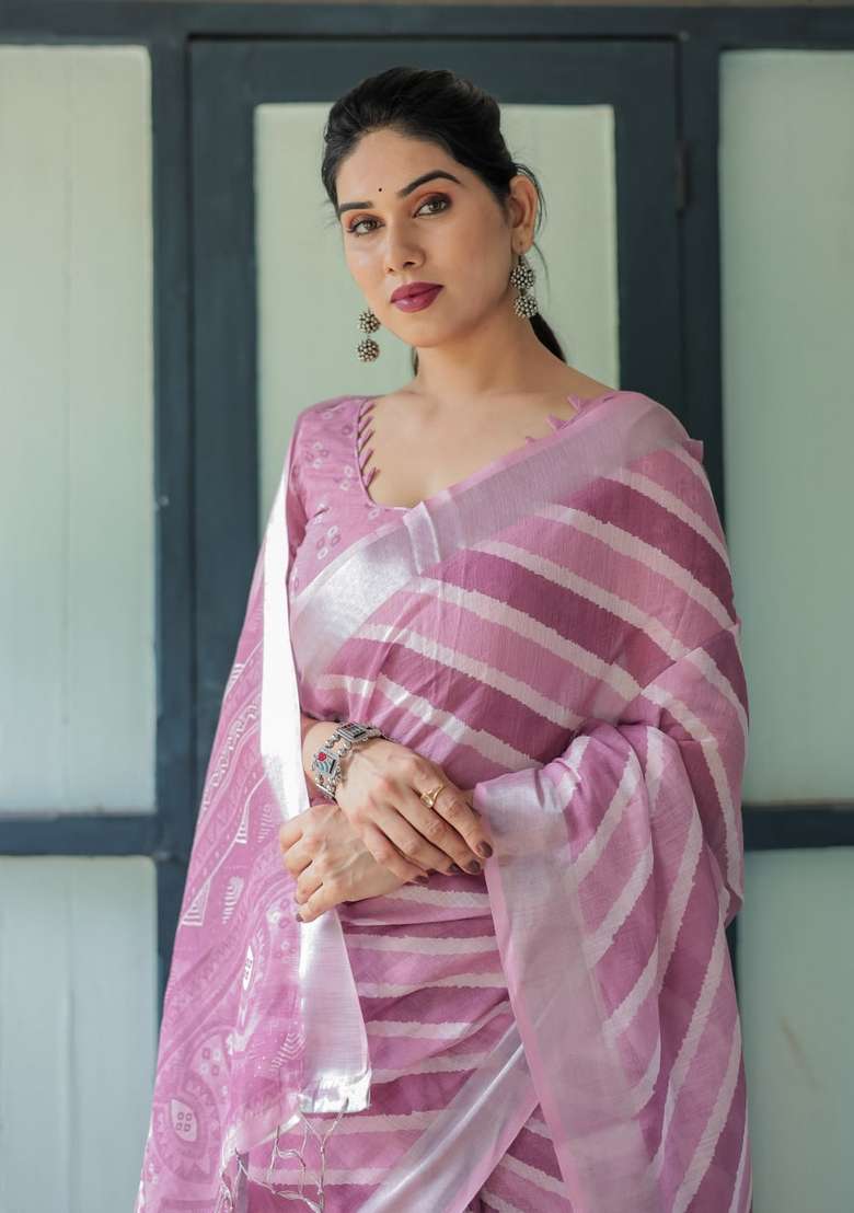 Onion Pink Zari Work Silk Blend Saree Set for Diwali and Festive Wear - Indya