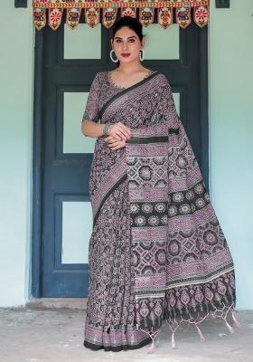 Black Zari Work Silk Blend Saree Set
