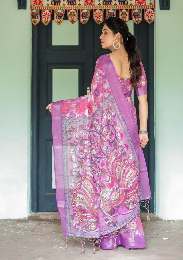 Purple Zari Work Silk Blend Saree Set for Diwali and Festive Wear - Indya