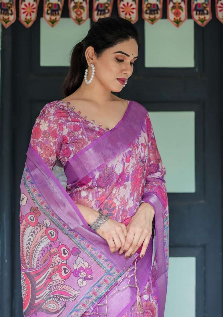 Purple Zari Work Silk Blend Saree Set for Diwali and Festive Wear - Indya