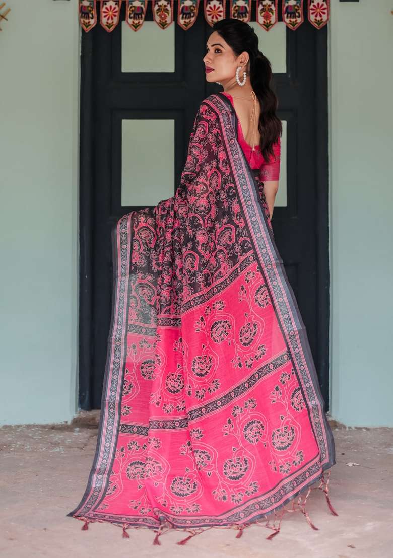 Black Zari Work Silk Blend Saree Set for Diwali and Festive Wear - Indya