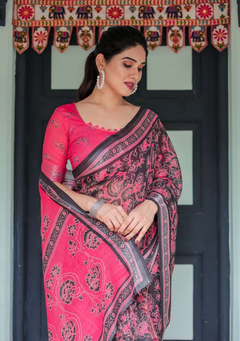 Black Zari Work Silk Blend Saree Set for Diwali and Festive Wear - Indya