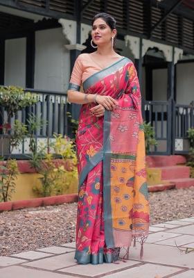 Pink Zari Work Silk Blend Saree Set