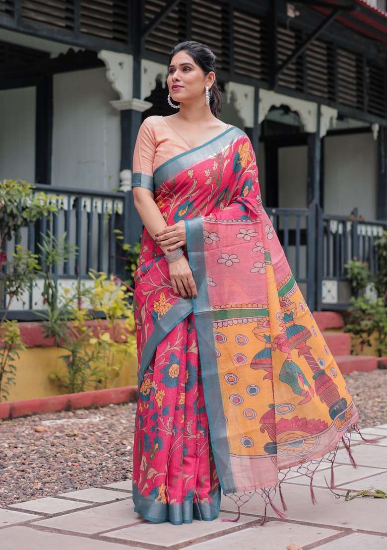 Pink Zari Work Silk Blend Saree Set for Diwali and Festive Wear - Indya