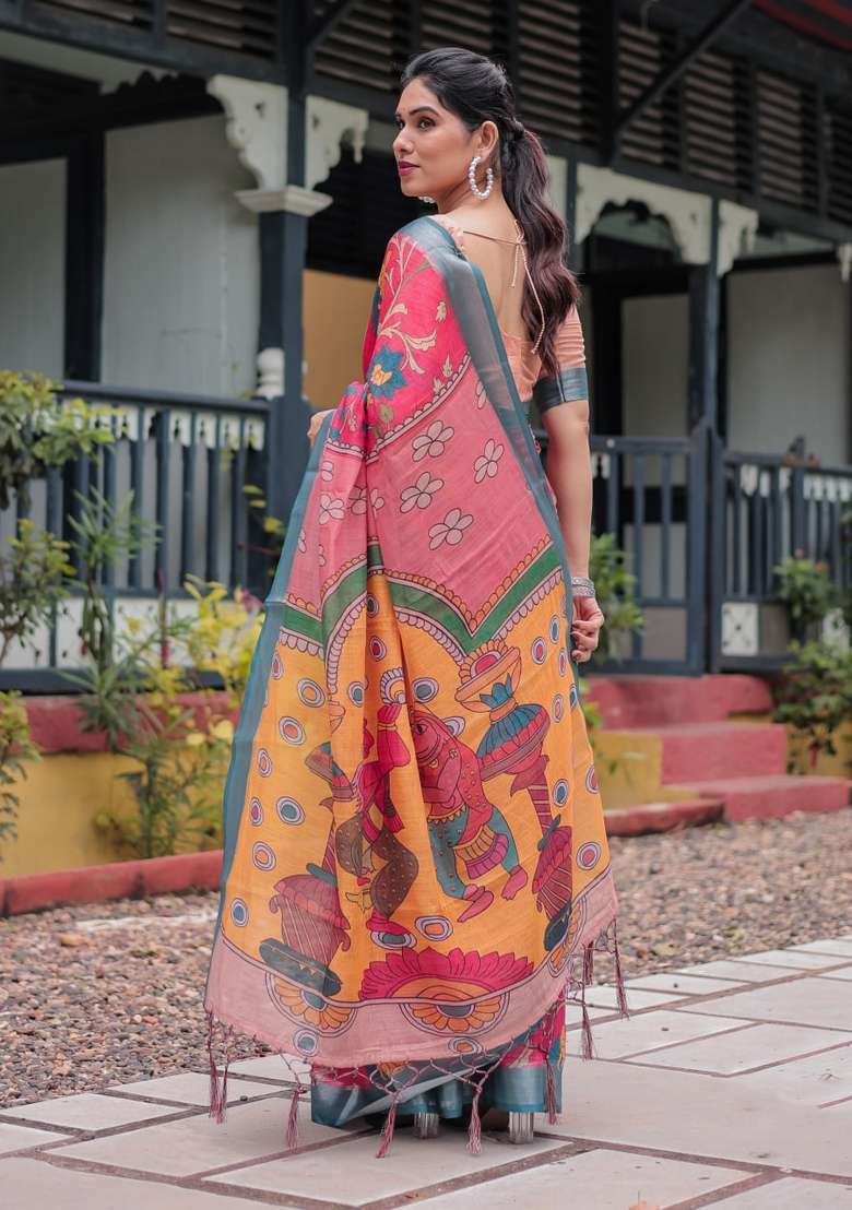 Pink Zari Work Silk Blend Saree Set for Diwali and Festive Wear - Indya