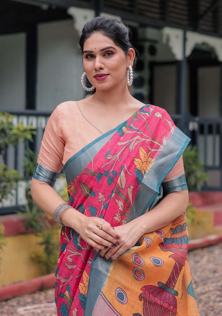 Pink Zari Work Silk Blend Saree Set for Diwali and Festive Wear - Indya