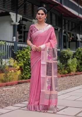 Baby Pink Zari Work Silk Blend Saree Set