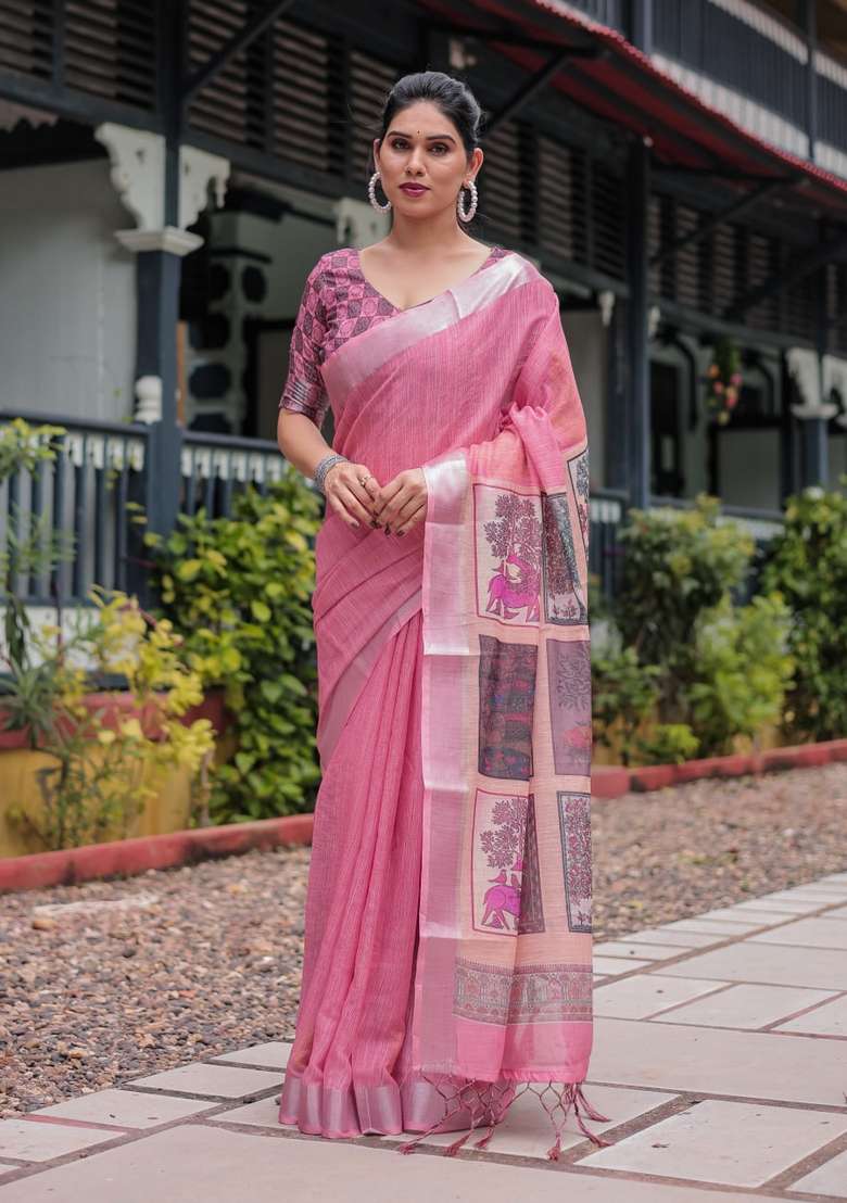 Baby Pink Zari Work Silk Blend Saree Set for Diwali and Festive Wear - Indya