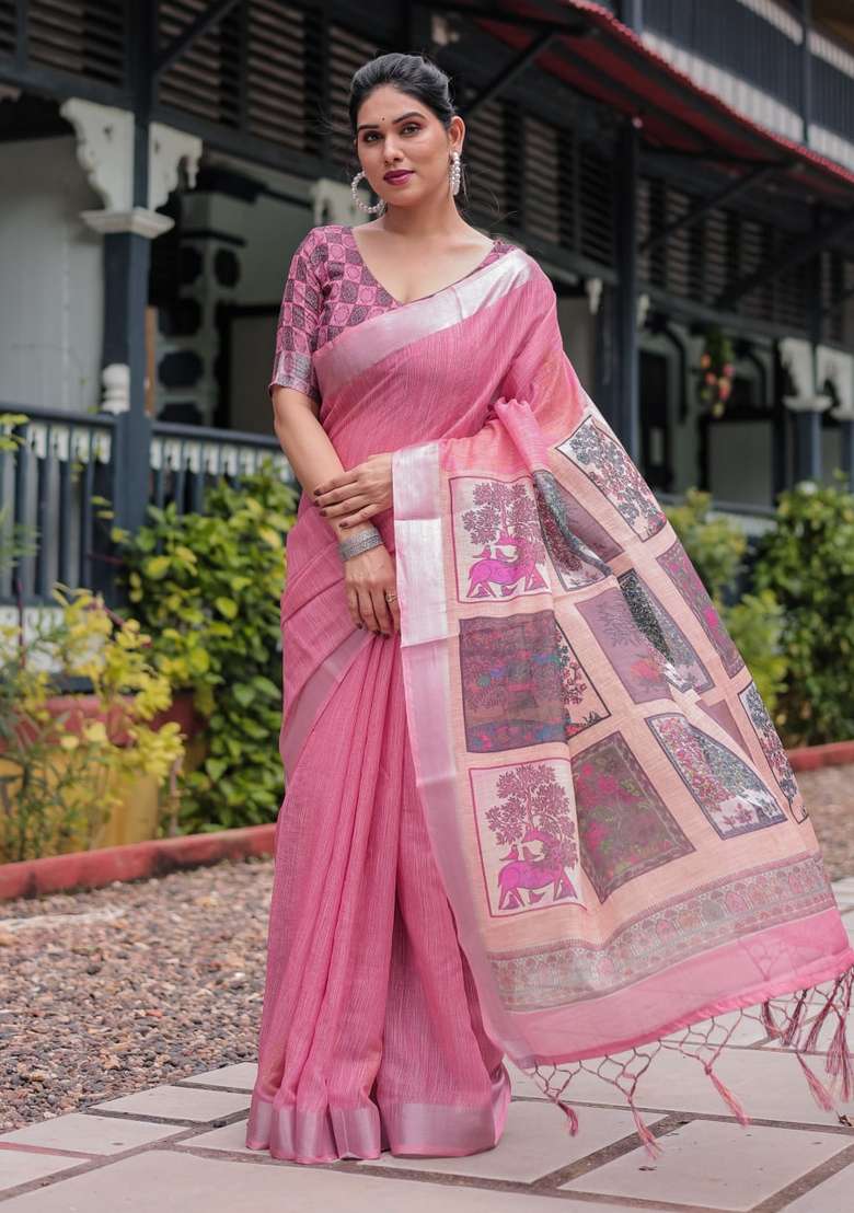 Baby Pink Zari Work Silk Blend Saree Set for Diwali and Festive Wear - Indya